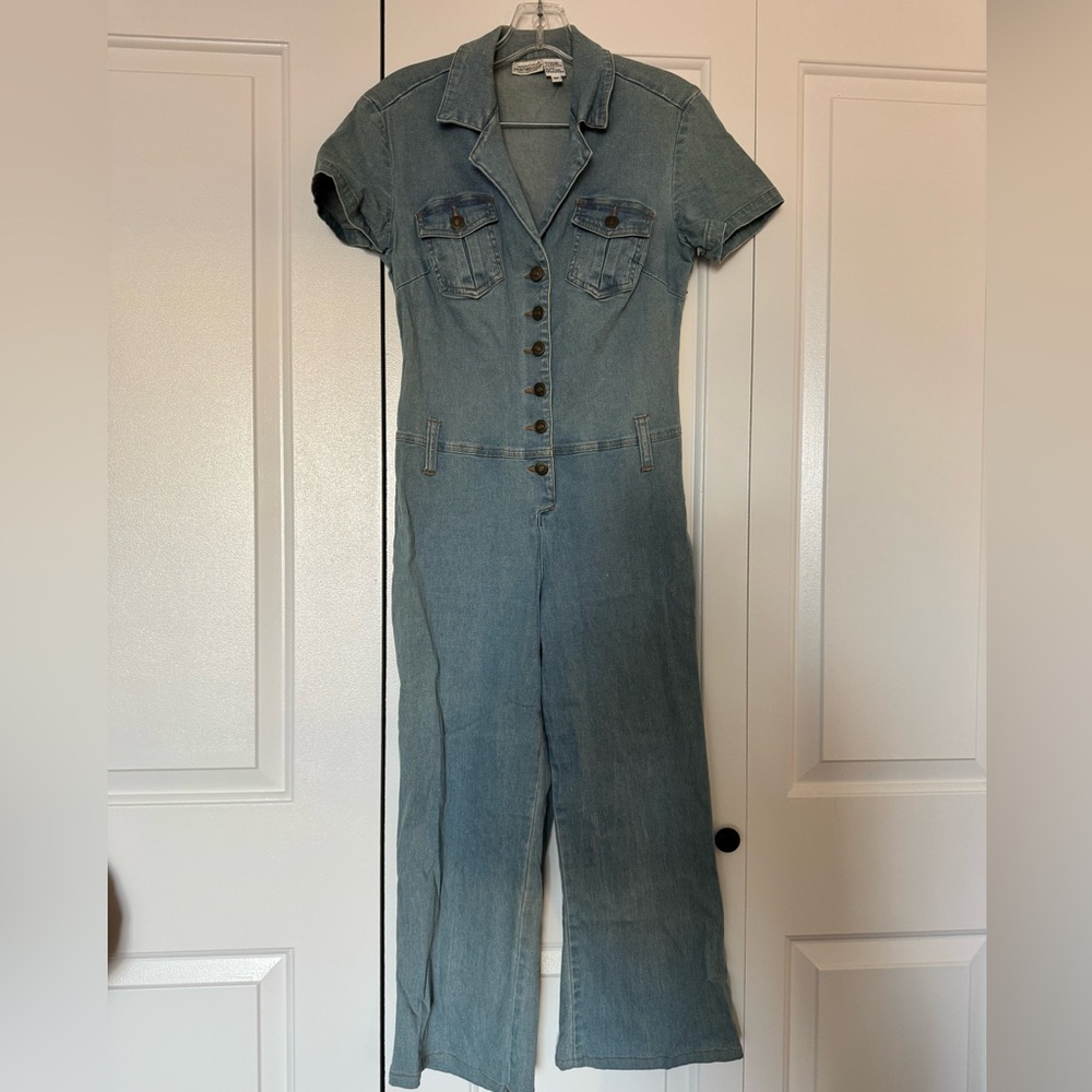 Vintage denim jumpsuit women fitted short sleeve blue jean romper Y2K size S